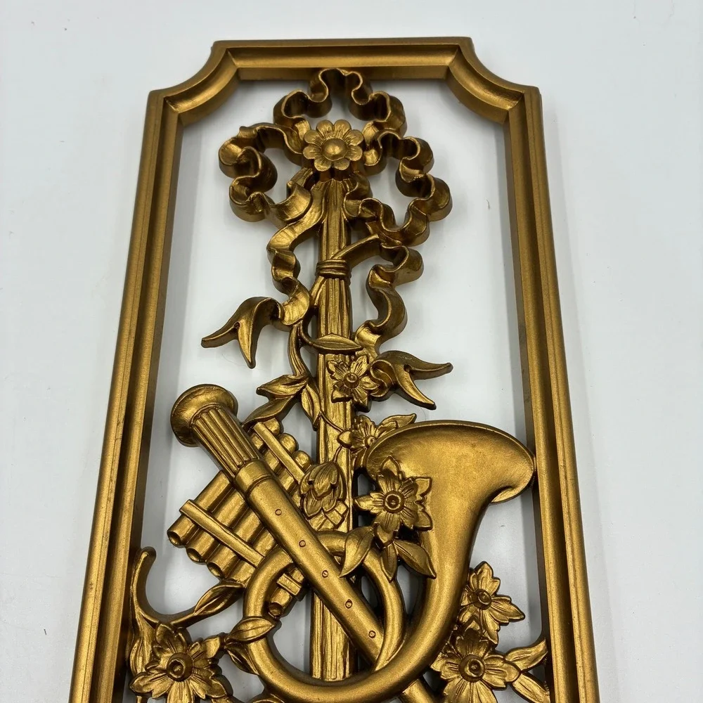 Vtg 1964 Burwood Products Gold‎ Musical Wall Plaques Pair USA MCM Plastic 14x5.5